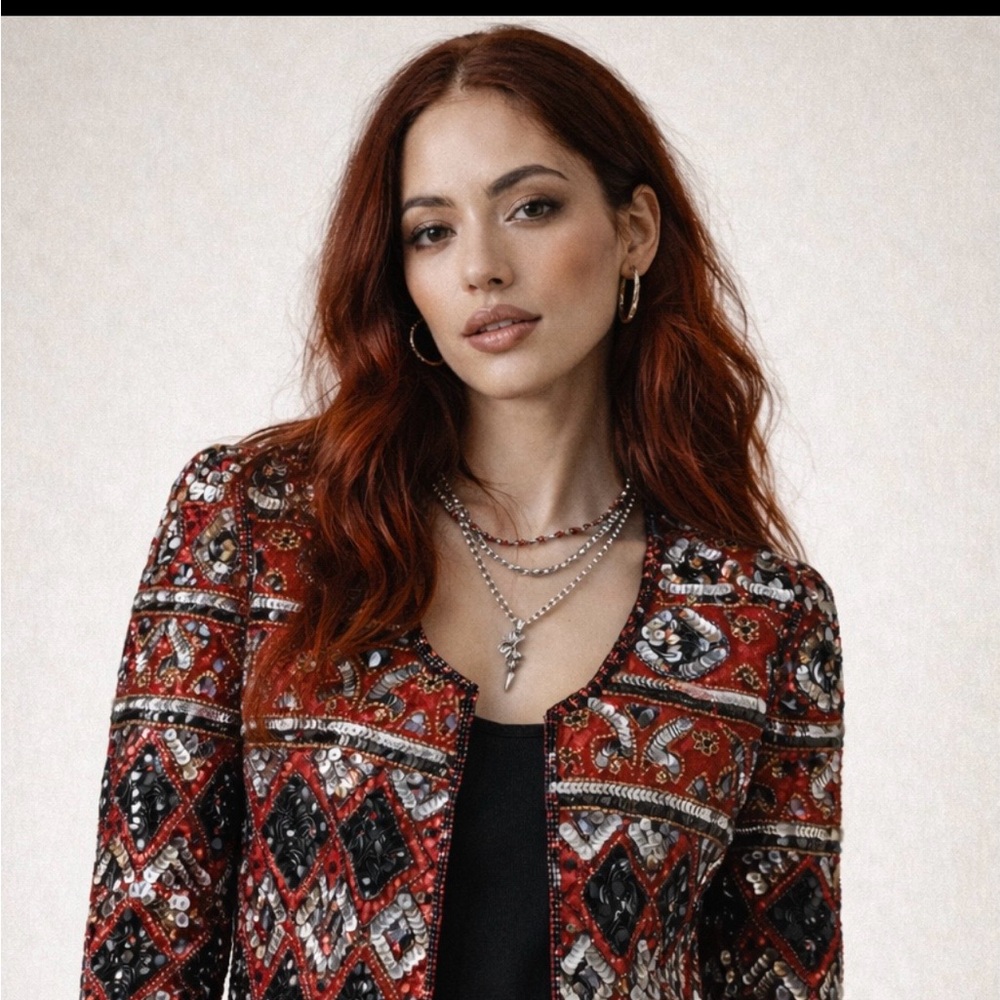 Vintage Laurence Kazar Silk Beaded Jacket PM Red Art Deco Rock Chic